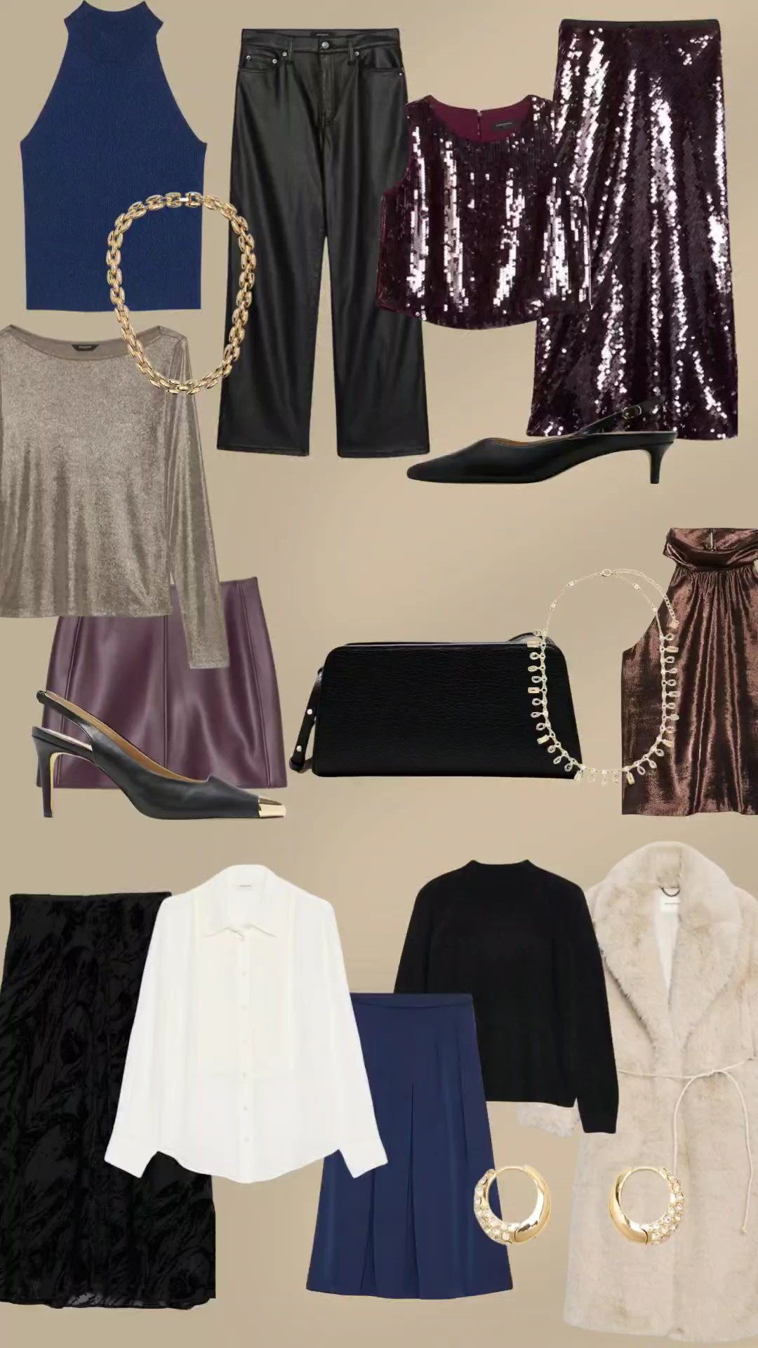 Banana Republic Factory holiday styles. Style inspiration. Christmas looks. Holiday party. Sequin skirt. Lace skirt. Kitten heels. Lace. Satin trousers. Burgundy pants. Blazer. Going out looks. Cardigan. Leather skirt. Christmas party. lurex top. Mini skirt. Gold pants. Metallic pants. Halter top. Sparkle outfit

#LTKHoliday #LTKSeasonal #LTKSaleAlert