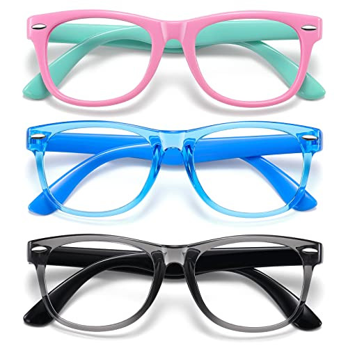 Okany Blue Light Glasses for Kids 3 Pack Blue Light Blocking Glasses for Teen Boys Girls Age 3-10,Computer Screen Gaming TV Phone Glasses Anti Glare,UV & Eye Strain (Grey Black+Pink Green+Blue) | Amazon (US)