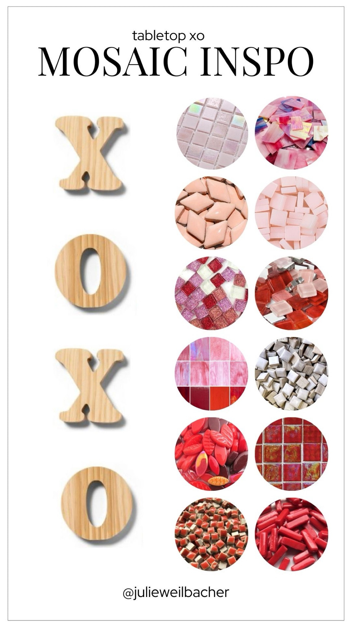 Sharing some inspiration for your Valentine's + Galentine’s Day crafts. Here are 2 sets of wood XO letters and mosaic tesserae. ❤️ The substrates are thick enough to stand up on a tabletop by themselves, or would look just as cute lying down on a coffee table. ❤️ Mosaic tesserae ideas featured includes pink, red, and white tesserae like glass rods, glass tile, ceramic tile, glass glitter tile, and stained glass. ❤️ Tip: make sure you seal wood substrates before adhering your mosaic artwork. ❤️ For more mosaic tips, tutorials, inspiration and so much more please visit my YouTube channel: YouTube.com/julieweilbacher. Follow @julieweilbacher on Instagram for all things mosaic art. mosaic - Valentine’s Day crafts - heart art - Valentine’s Day gift ideas - mosaic making - mosaic art - crafts night in - wood Valentine’s Day crafts - mosaics - Galentine’s Day gift ideas - gifts for your gal pals