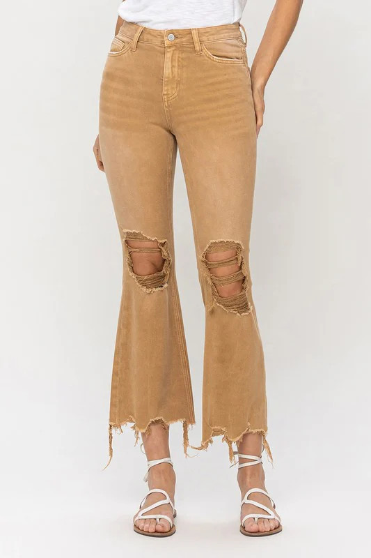VERVET by Flying Monkey Vintage High Rise Distressed Flare Jeans | ARMY KHAKI / 24 | Casual Chic Boutique