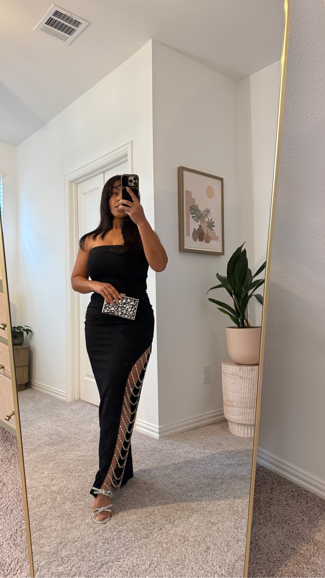 Wedding guest, black tie black cocktail dress with crystal details down the leg

#LTKWedding