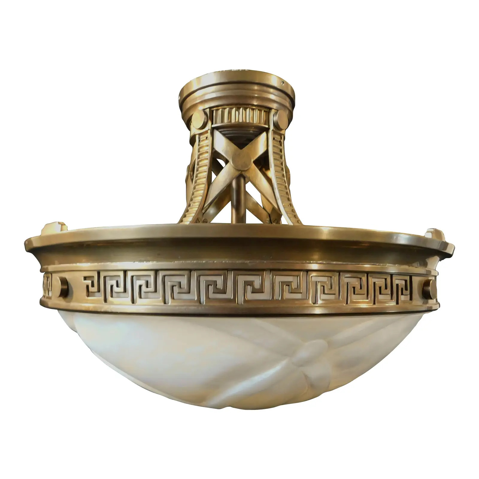 Urban Archaeology Widner Greek Key Antique Brass Carved Alabaster Chandelier | Chairish