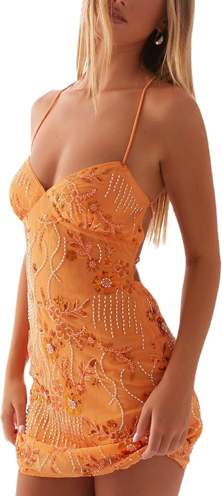 Women Sequin Beaded Mini Dress Y2K Sparkly Open Back Slip Short Dresses Date Night Glitter Backle... | Amazon (US)