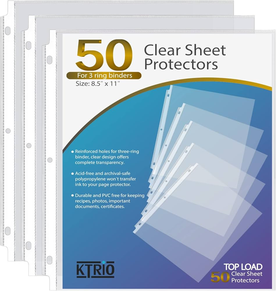 KTRIO Sheet Protectors 8.5 x 11 inch, Clear Page Protector for 3 Ring Binder, Plastic Sleeves for... | Amazon (US)