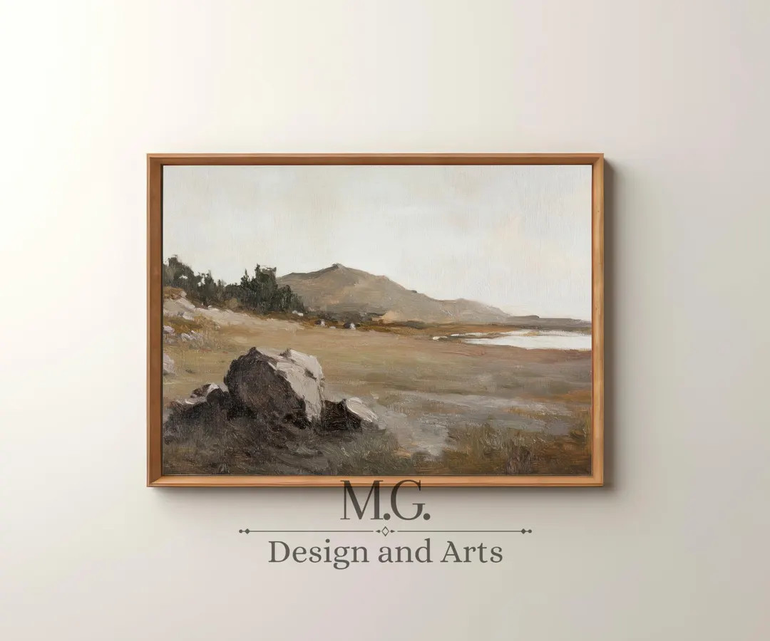 Moody Empty Lake Shore | Vintage Muted Landscape Art Print | Above Bed Painting | Neutral Tones P... | Etsy (US)