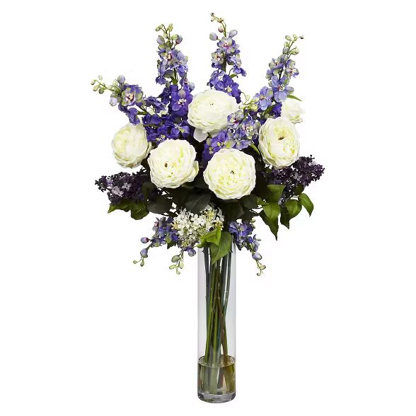 Nearly Natural Rose, Delphinium and Lilac Silk Flower Arrangement | Target