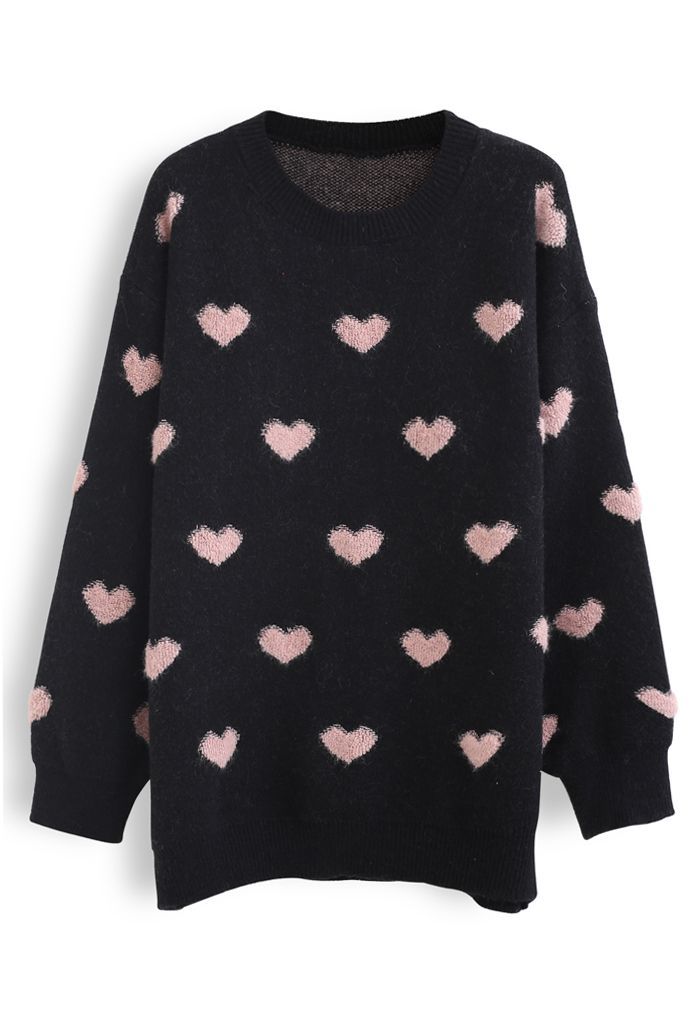 Pinky Heart Oversized Fuzzy Knit Sweater | Chicwish