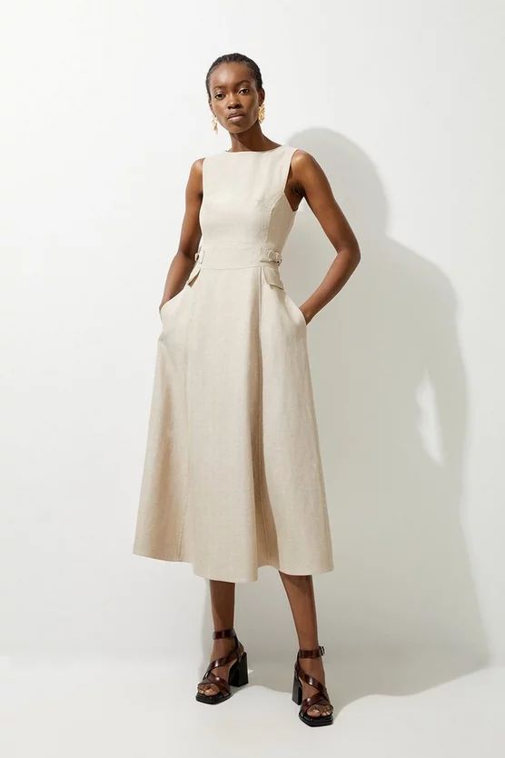 Premium Linen Tab Waist Detail Full Skirt Tailored Midi Dress | Karen Millen US