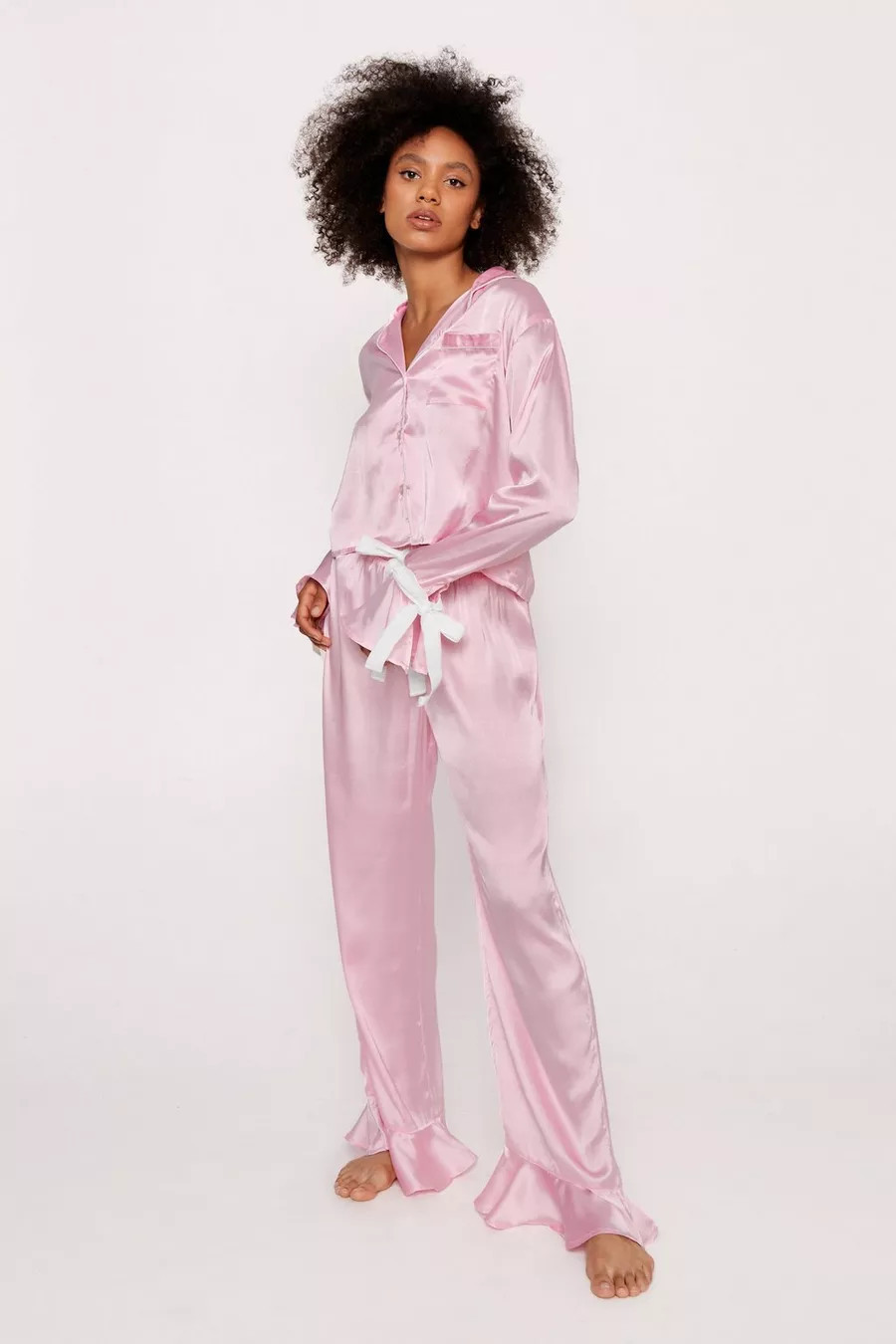 Satin Contrast Velvet Tie Cuff Pajama Shirt And Pants Set | Nasty Gal (US)