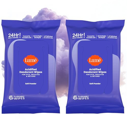 Lume Acidified Deodorant Wipes - 24 Hour Odor Control - Whole Body Deodorant Wipes - Aluminum Free, Baking Soda Free, Skin Loving - Flushable - 45 Count - 2 Pack (Soft Powder) | Amazon (US)