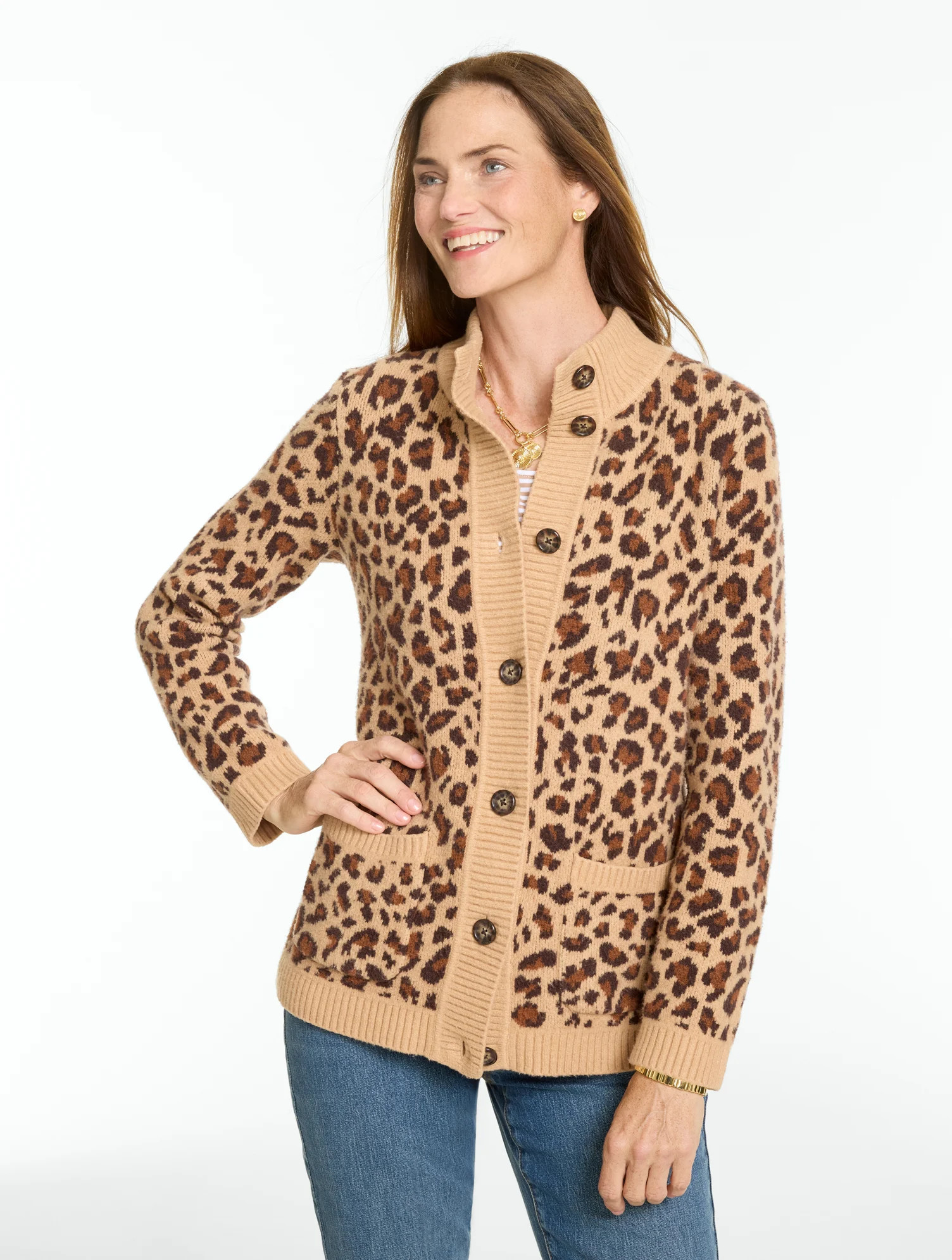 Plus Size - Jacquard Cardigan Sweater - Fabulous Leopard - Soft Harvest Wheat Heathe - 2X Talbots | Talbots