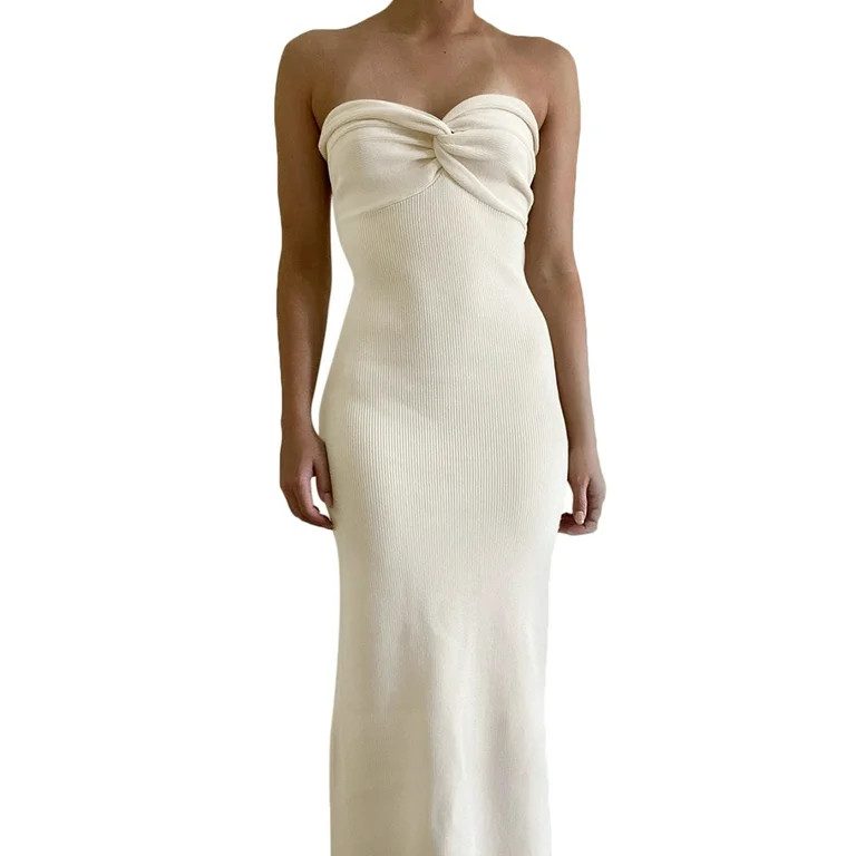 Women Twist Knot Front Ribbed Knit Bodycon Bandeau Tube Dress Casual Strapless Maxi Long Dress - ... | Walmart (US)