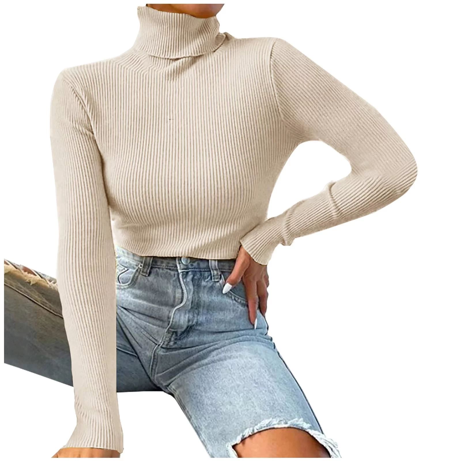 Womens Sweater Turtleneck Ribbed Knit Basic Pullover Sweater Slim Long Sleeve Soft Solid Color To... | Walmart (US)