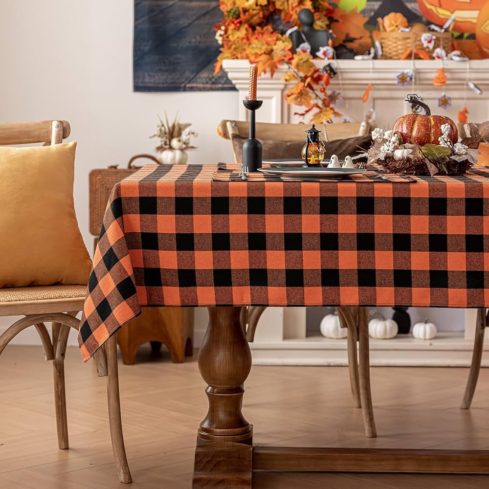 Softalker Halloween Checkered Tablecloth Rectangle - Orange Buffalo Plaid Linen Cotton Gingham Fa... | Amazon (US)