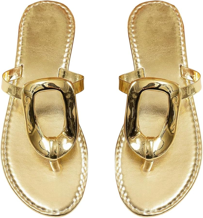 GORGLITTER Women's Gold Flip Flops Square Toe Summer Sandals 2026 Wedding Dressy Vacation Beach S... | Amazon (US)