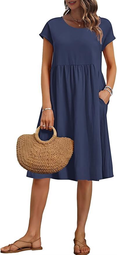 AUSELILY Women's Summer Short Sleeve Knee-Length Dresses Round Neck Loose Dress with Pockets 2025... | Amazon (US)