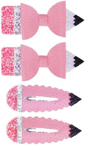 Back to School Bows for Girls, Pink Pencil Hair Bows Snap Hair Clips Glitter Leather Hairpins Bar... | Amazon (US)