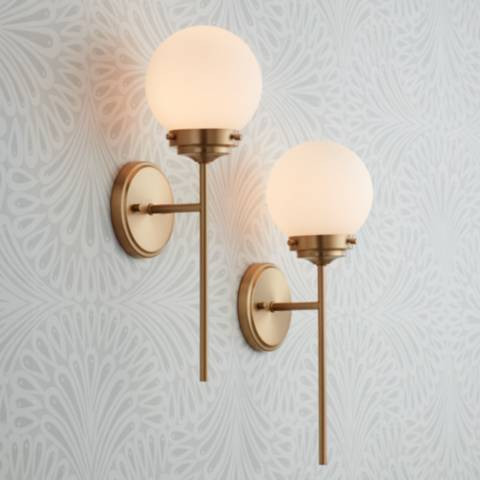 360 Lighting Ayva 18" High Brass and White Glass Wall Sconce Set of 2 | Lamps Plus