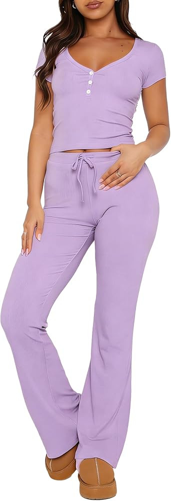 Womens 2 Piece Pajamas Set V Neck Short Sleeve Cropped Top And Flare Long Pants PJs Outfits Ribbe... | Amazon (US)