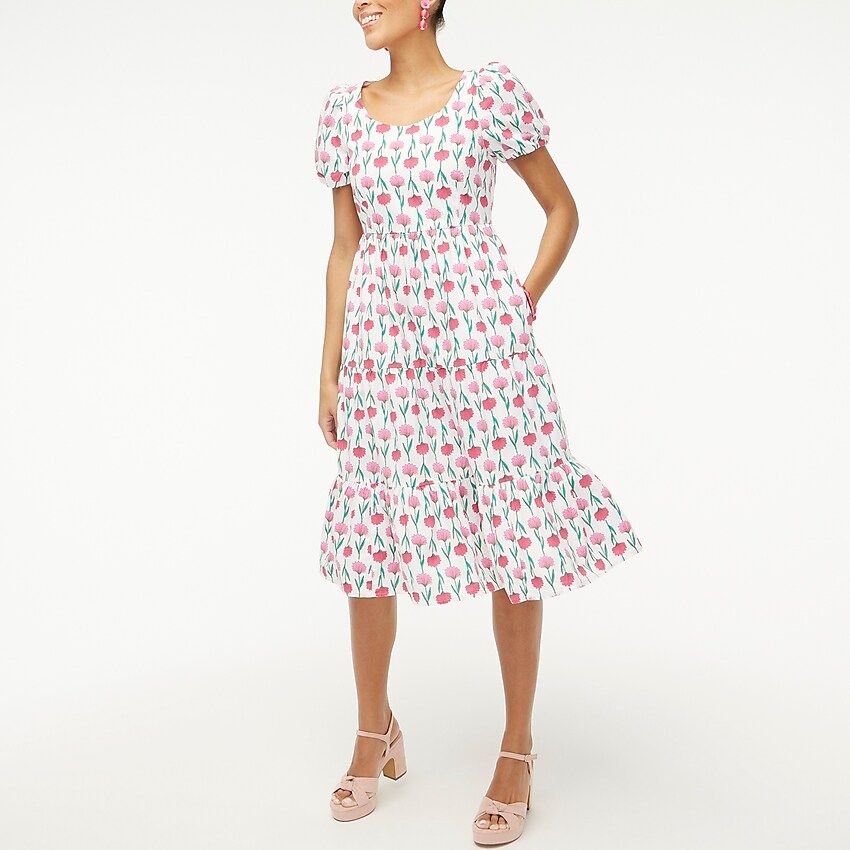 Tiered poplin puff-sleeve midi dress | J.Crew Factory