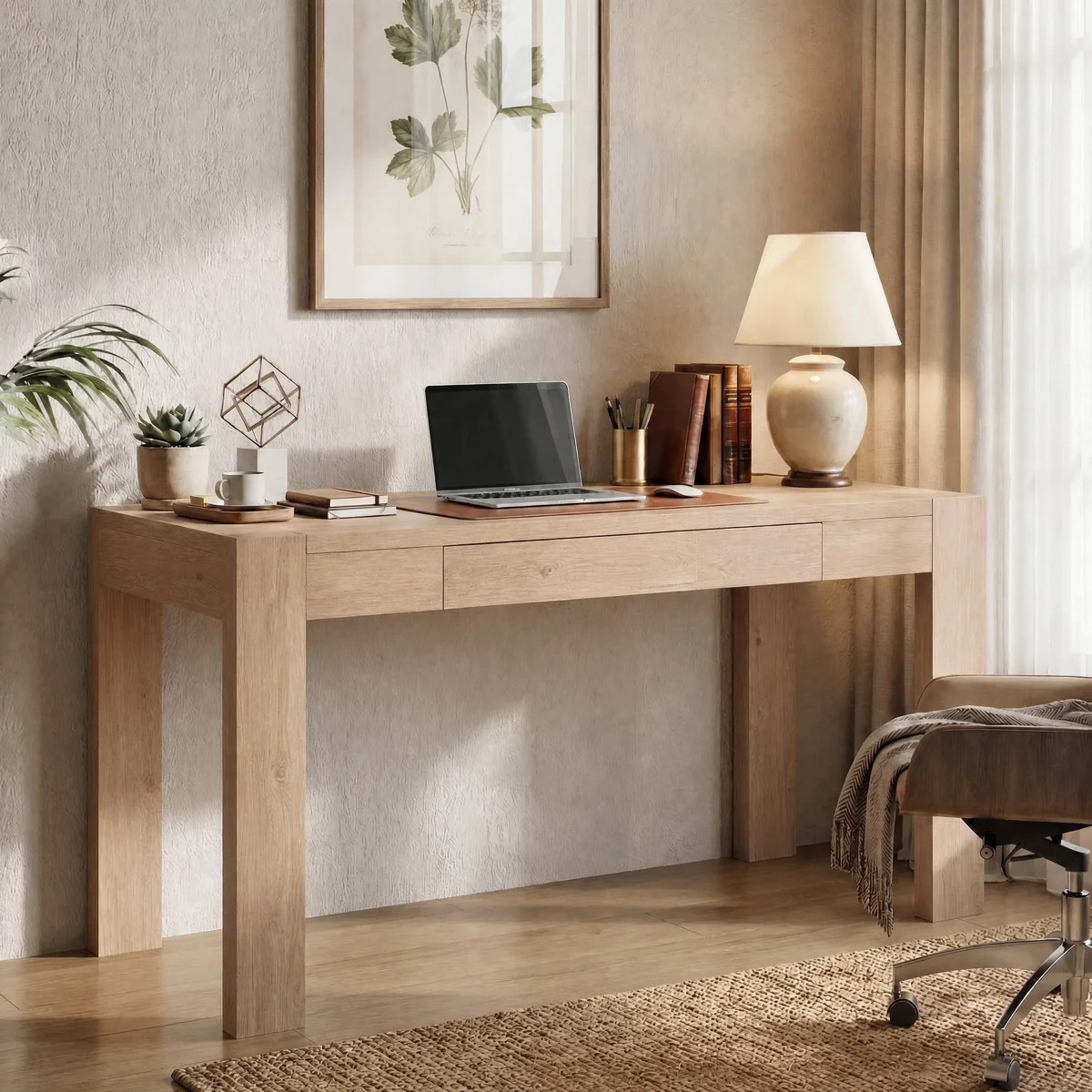 47" W Writing Desk with 1 Drawer and Thick Square Legs, Natural Oak | Wayfair North America