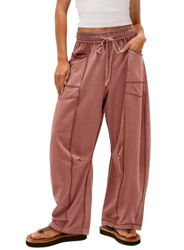 Yanekop Womens Baggy Wide Leg Pants Casual Fall Trousers Palazzo Pants Drawstring Waist Barrel Sweatpants with Pockets(Brick Red,XL) | Amazon (US)