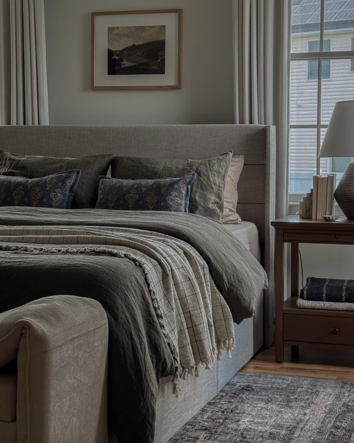 Guest bedroom, quinn's bedding, lift up storage bed, storage bench, bedroom rug, bedroom curtains, Amazon curtains, moody bedding, upholstered bed, bedroom decor, table lamps, nightstand decor ￼

#LTKHome