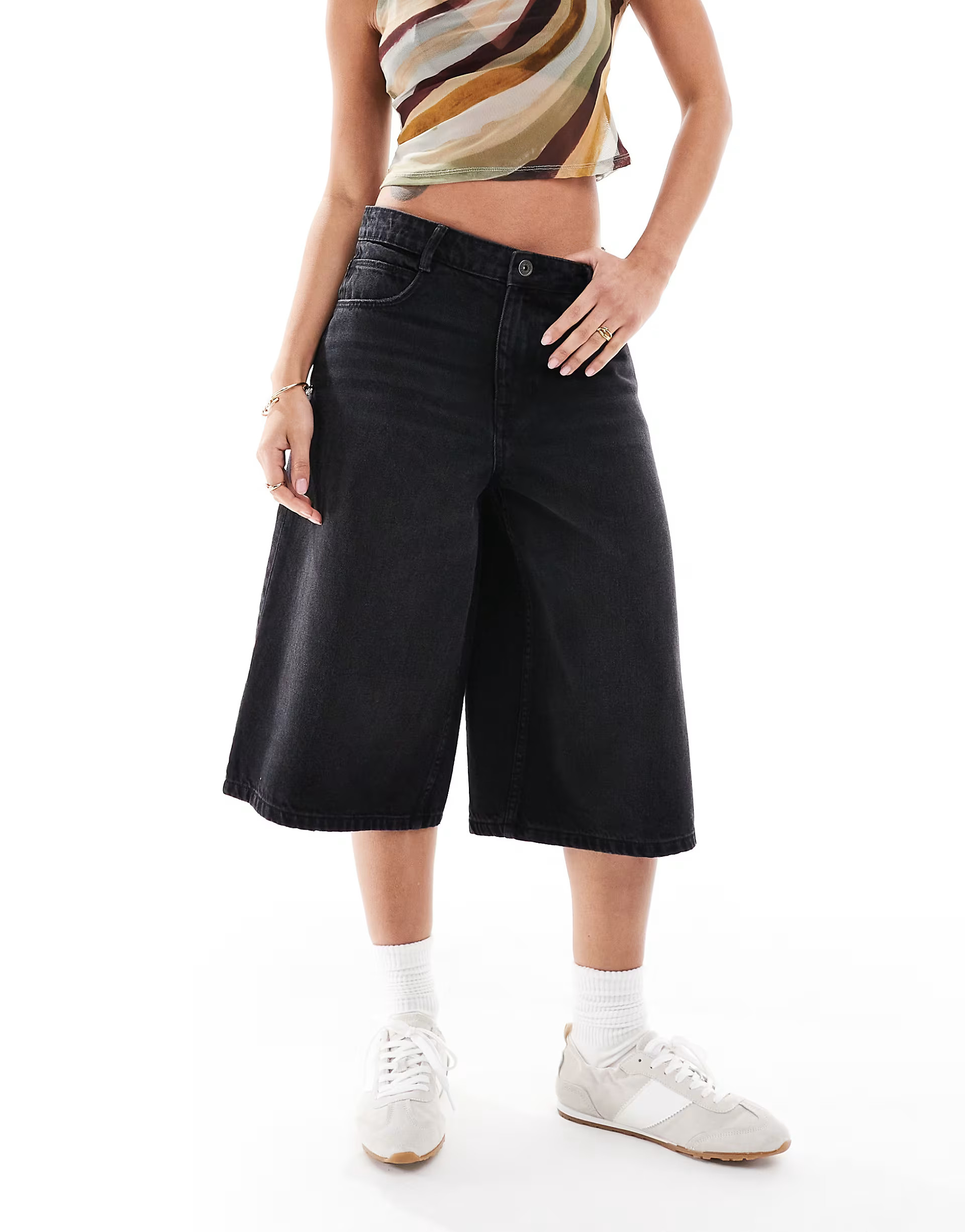 Bershka baggy denim jorts in washed black | ASOS (Global)