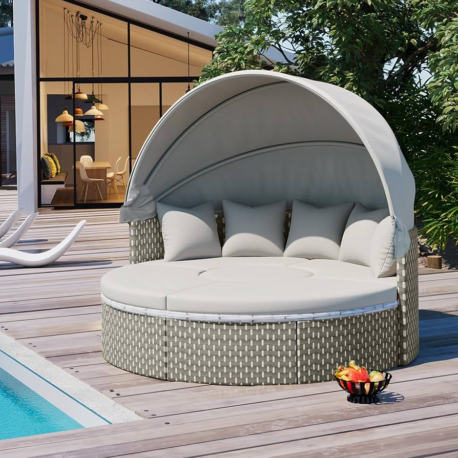 Merax Patio Furniture Round Outdoor Sectional Sofa Set, Rattan Daybed Two-Tone Weave Sunbed with ... | Amazon (US)