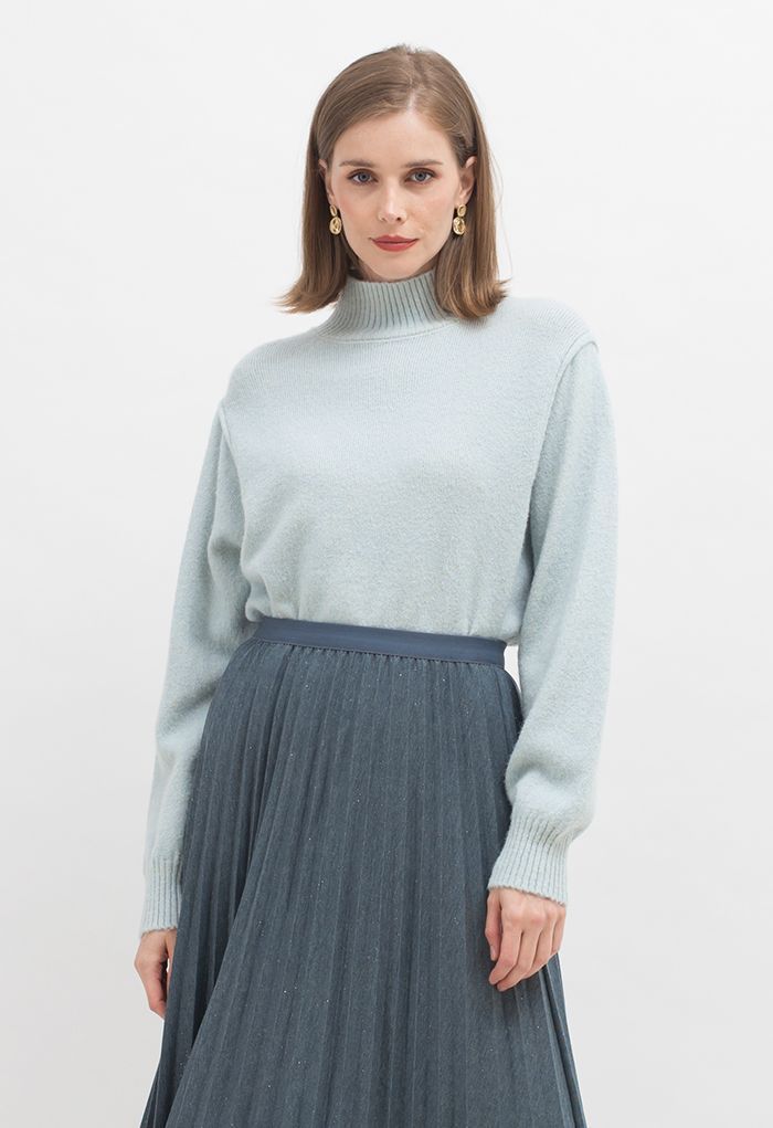 Mock Neck Comfy Knit Sweater in Baby Blue | Chicwish