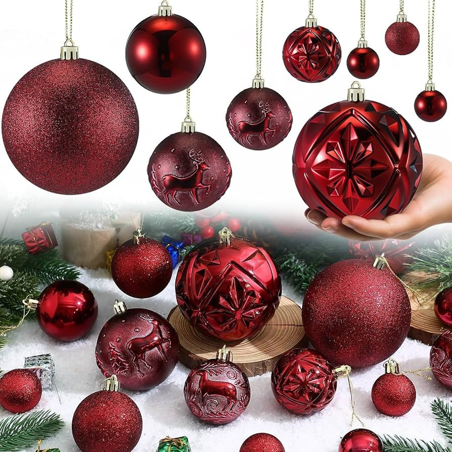 Soulchen 4 Size Burgundy Christmas Balls Ornaments Set 32 Pcs 1.57, 2.36, 3.15, 4 Shatterproof Ha... | Amazon (US)