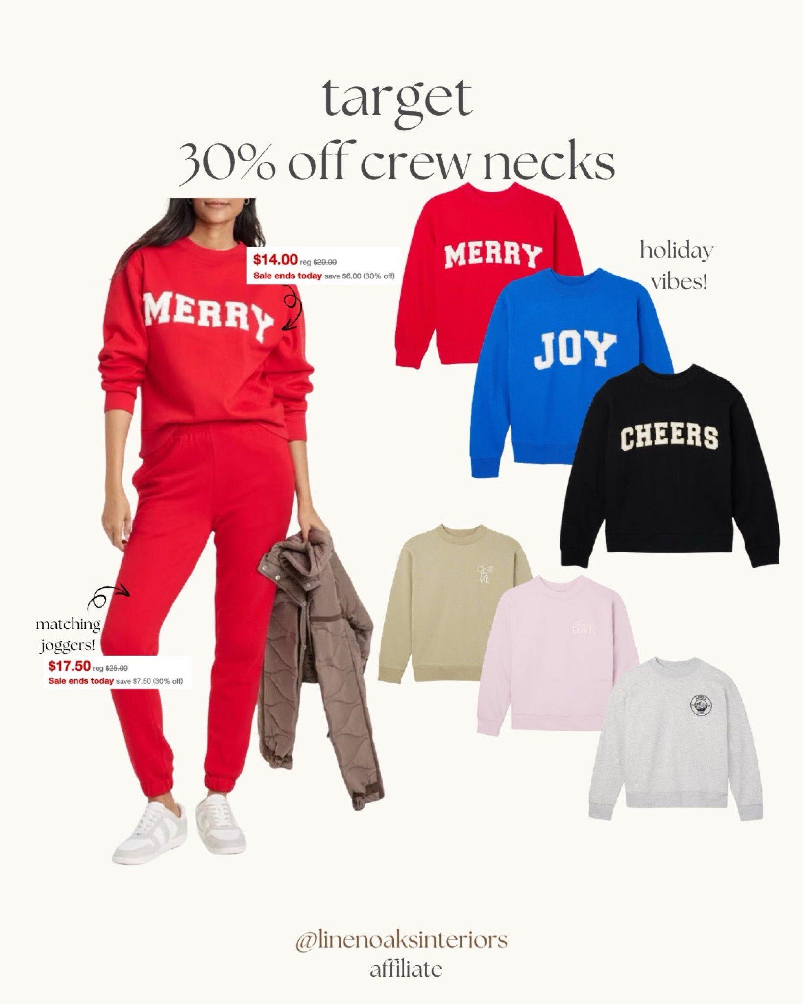 $14 crewnecks!! The varsity font is SO cute and would be so fun with jeans or pajama bottoms for the holiday!! Matching joggers for ALL colors too!