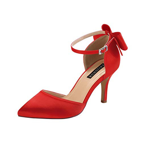 ERIJUNOR E1876B Wedding Evening Party Shoes Comfortable Mid Heels Pumps with Bow Knot Ankle Strap Wide Width Satin Shoes Red Size 9.5 | Amazon (US)
