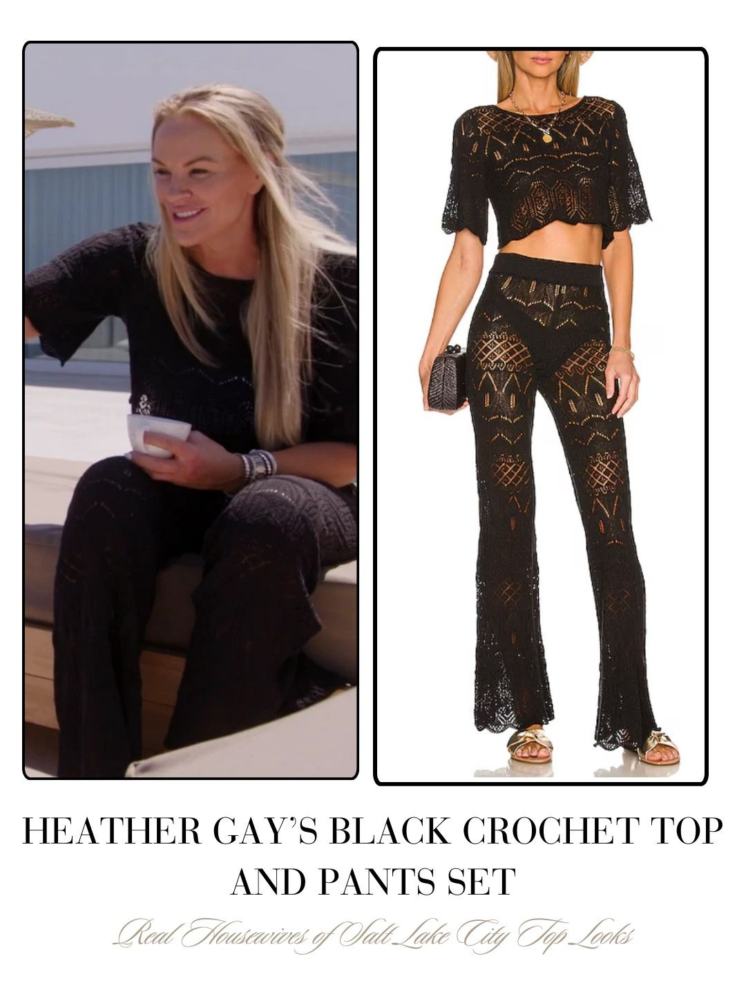 Heather Gay’s Black Crochet Top and Pants in Greece on the Real Housewives of Salt Lake City Season 6 Finale