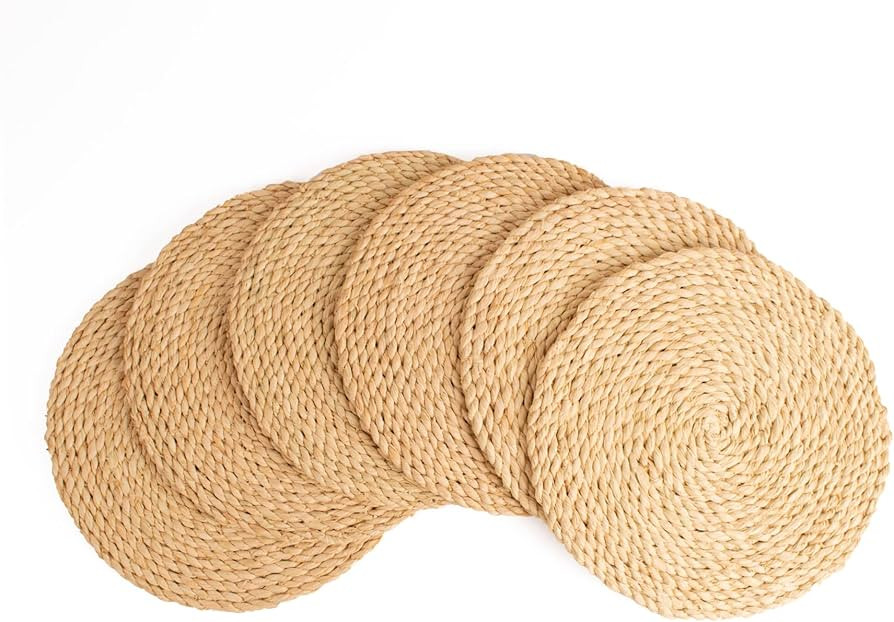KAZI Essentials Boho Round Woven Placemats – Set of 6, Natural Wicker Raffia Placemats, Braided... | Amazon (US)