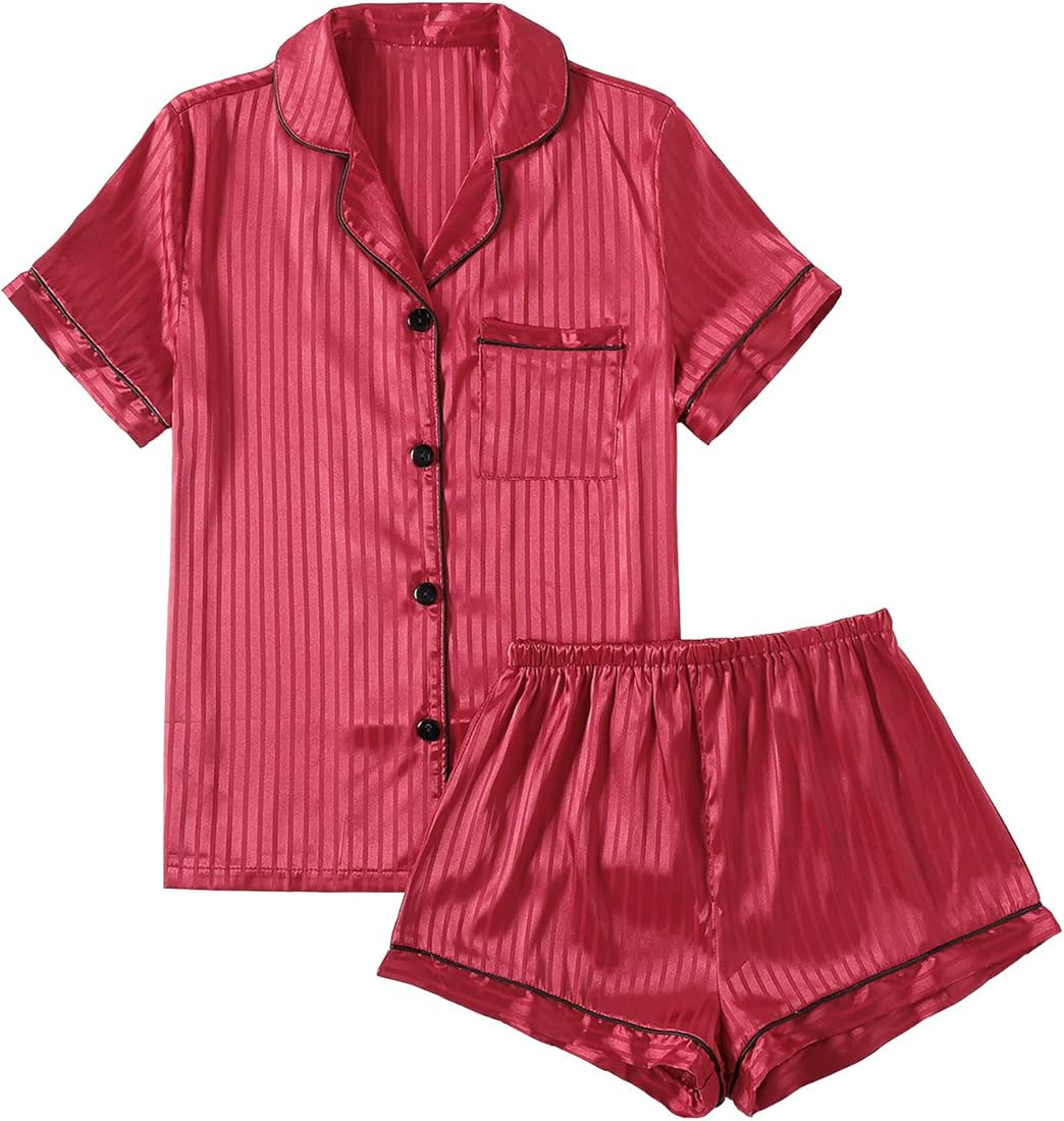 LYANER Women's Striped Silky Satin Pajamas Short Sleeve Top with Shorts Sleepwear PJ Set | Amazon (US)