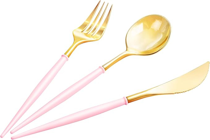 Lullaby 90PCS Gold Plastic Silverware, Gold Disposable Cutlery with Pink Handle Include 30 Forks,... | Amazon (US)