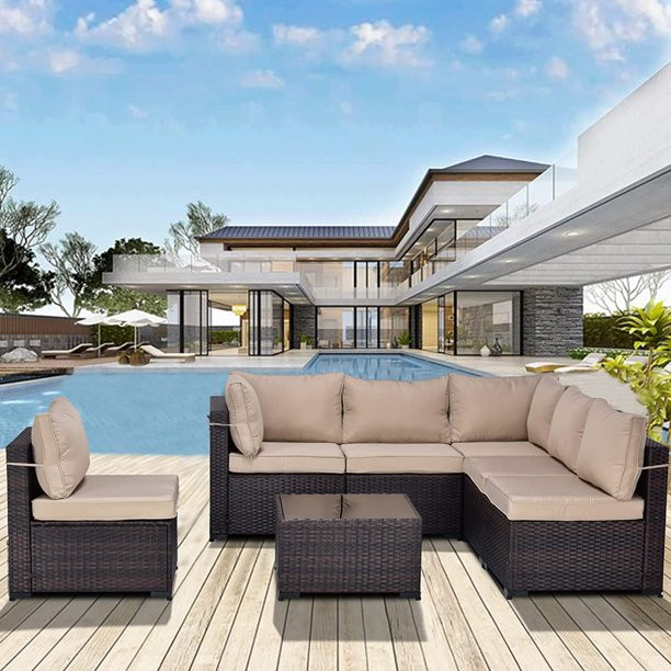 Gotland 7 Pieces Patio Conversation Set Outdoor Sectional Sofa Set PE Rattan Sectional sofa Set (... | Walmart (US)