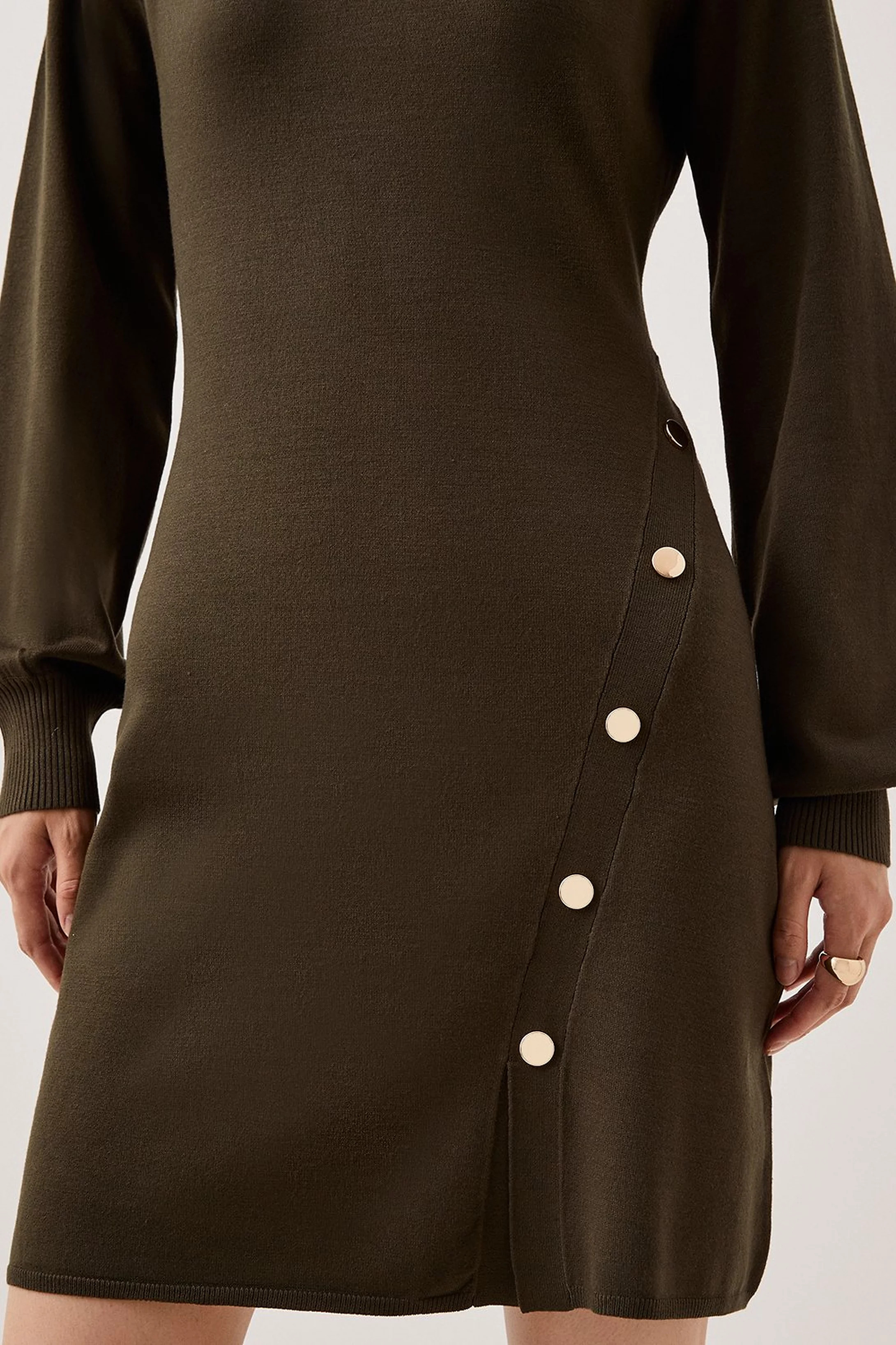 Viscose Blend Popper Detail Knitted Mini Dress | Karen Millen UK + IE + DE + NL