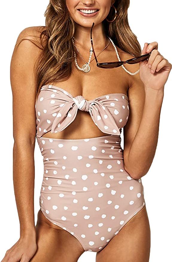 QINSEN Womens Sexy Strapless Tie Knot Front High Waist One Piece Swimsuit | Amazon (US)