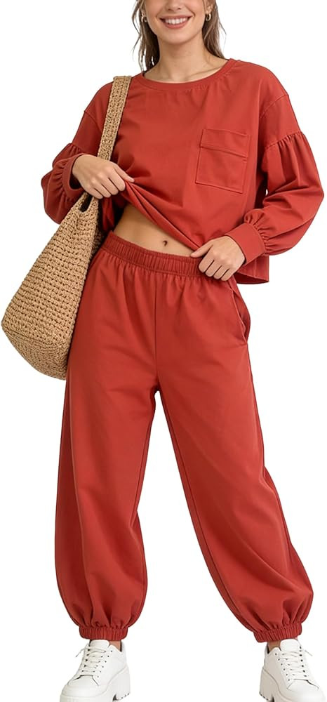 Women’s 2 Piece Lounge Set Lantern Sleeve Top Jogger Pants Matching Set Comfy Travel Everyday O... | Amazon (US)