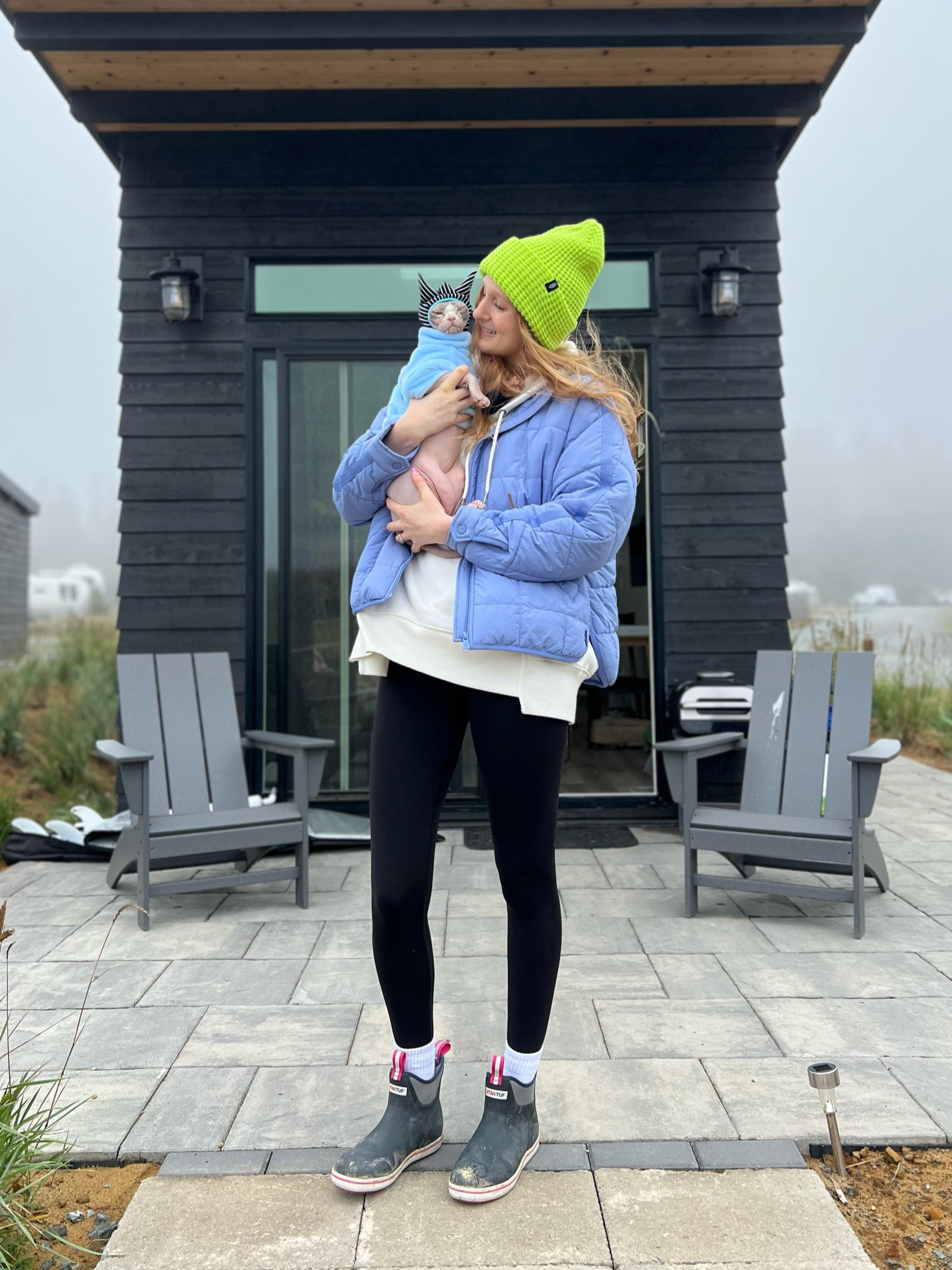 Colorful Fall outdoor outfit. Wearing a M in Free People Pippa jacket for oversized fit. Marshall’s wearing a size xl in hat!