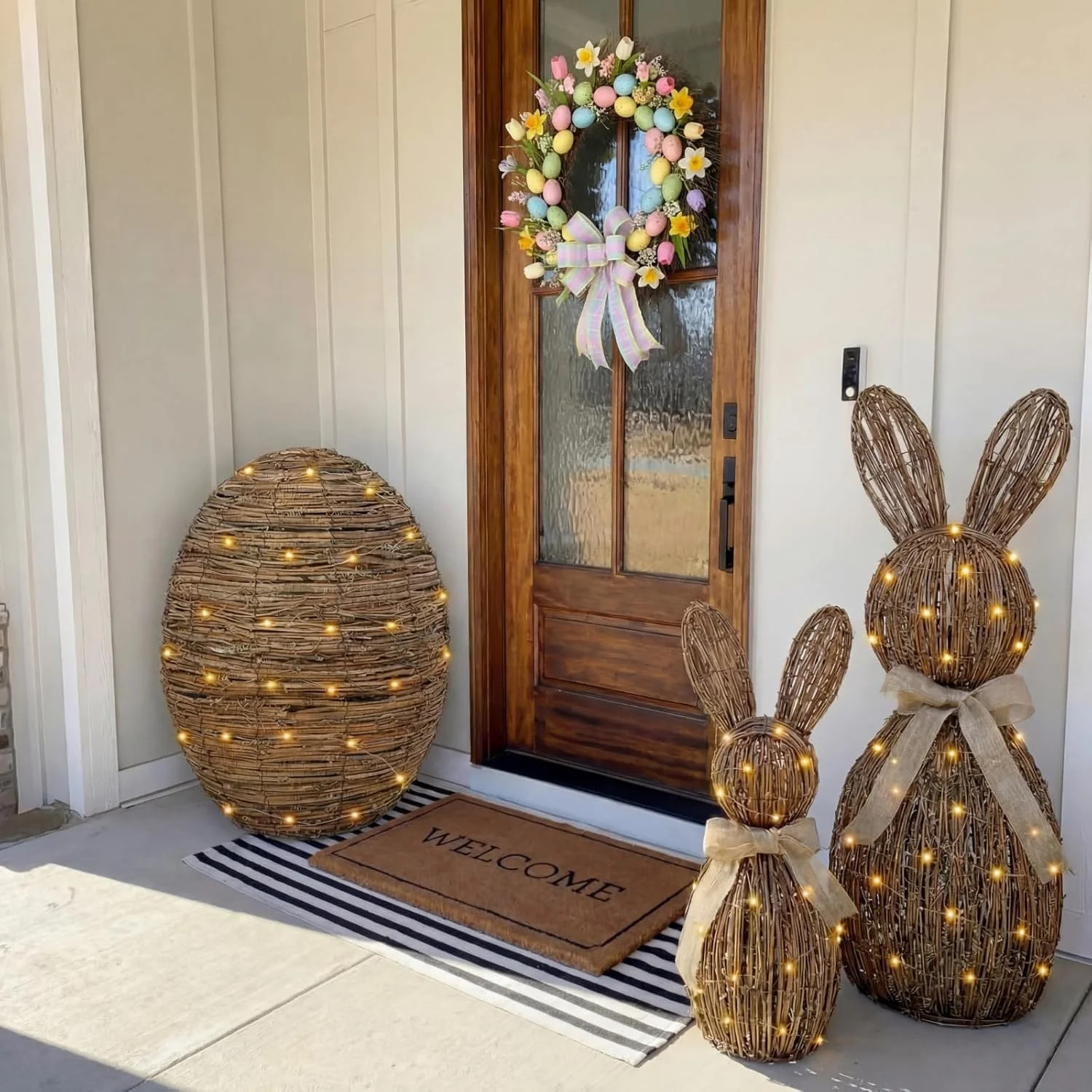 Guvpev 3 Pcs Rattan Woven Easter Bunny Decor with LED Light Strings, Light Up Standing Rabbit Statues for Indoor/Outdoor Rustic Farmhouse Garden Porch Yard Lawn | Walmart (US)