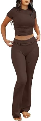 ANRABESS Lounge Sets for Women 2 Piece Foldover Yoga Flare Leggings Pants Crop Tops Casual Y2K Ou... | Amazon (US)
