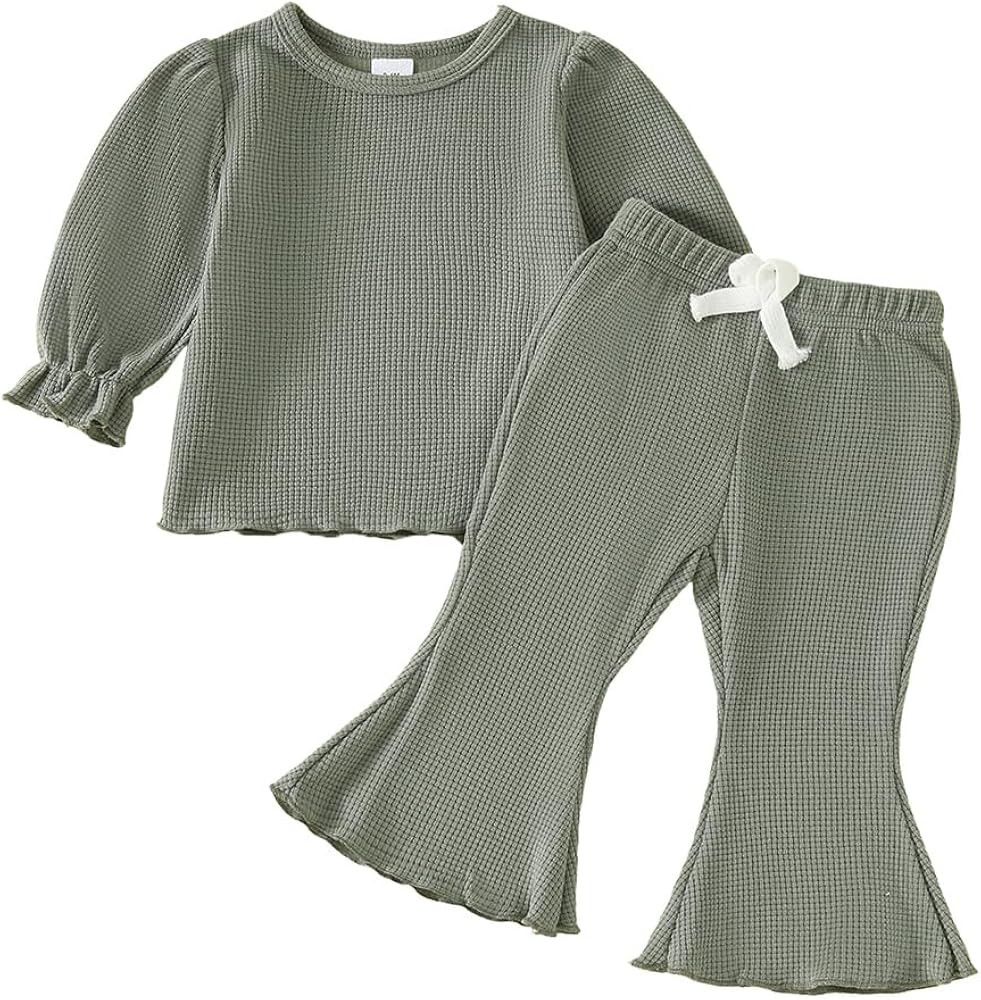 Baby Girl Fall Outfit Toddler Girl Winter Clothes Baby Lantern Sleeve Top and Flared Pant 2-Piece... | Amazon (US)