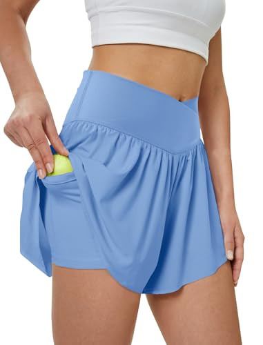 Women's Athletic Running Shorts with Pockets Crossover Butterfly Flowy Shorts Cute Summer Skorts | Amazon (US)
