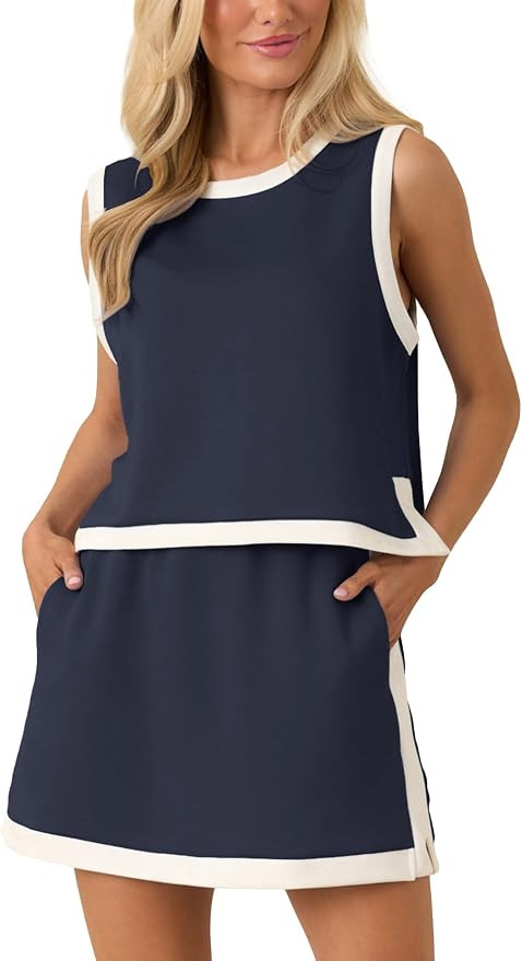 Womens 2 Piece Skirt Set Summer Color Block Sleeveless Crop Top Elastic Waist Skirt Lounge Set Ou... | Amazon (US)