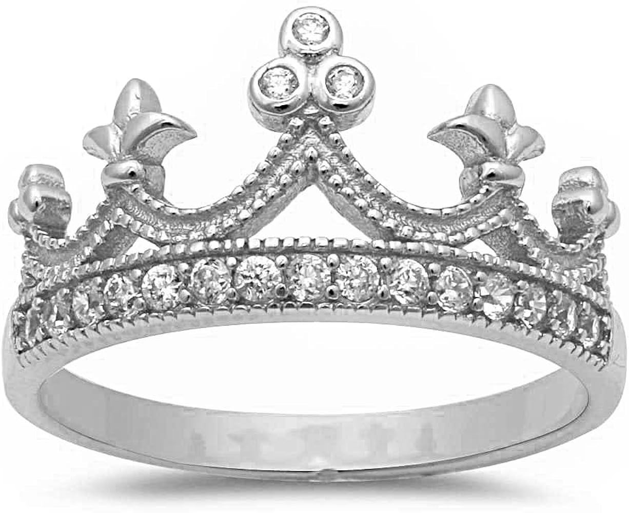 Oxford Diamond Co Sterling Silver Round Cubic Zirconia Crown Princess Tiara Ring Sizes 4-12 Three... | Amazon (US)