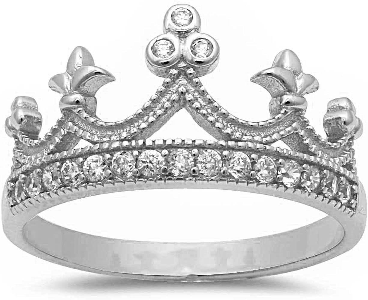 Oxford Diamond Co Sterling Silver Round Cubic Zirconia Crown Princess Tiara Ring Sizes 4-12 Three... | Amazon (US)