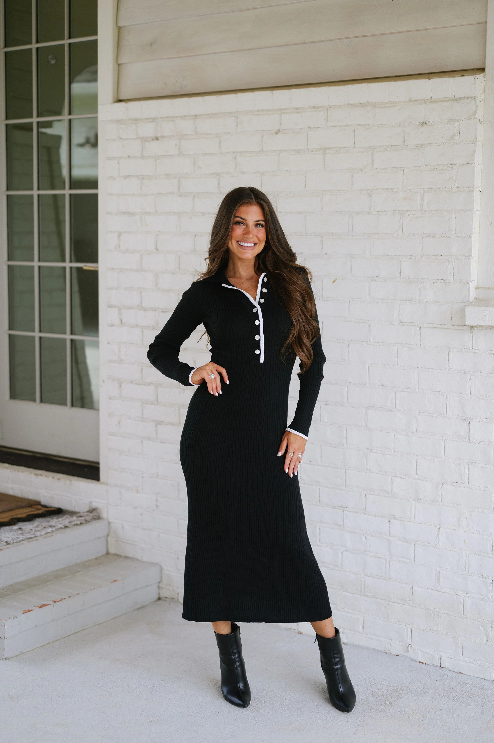 Blake Collared Midi Dress-Black/Cream | These Three